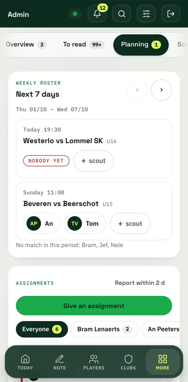The head scout’s weekly roster: matches for the next seven days and the scouts going.