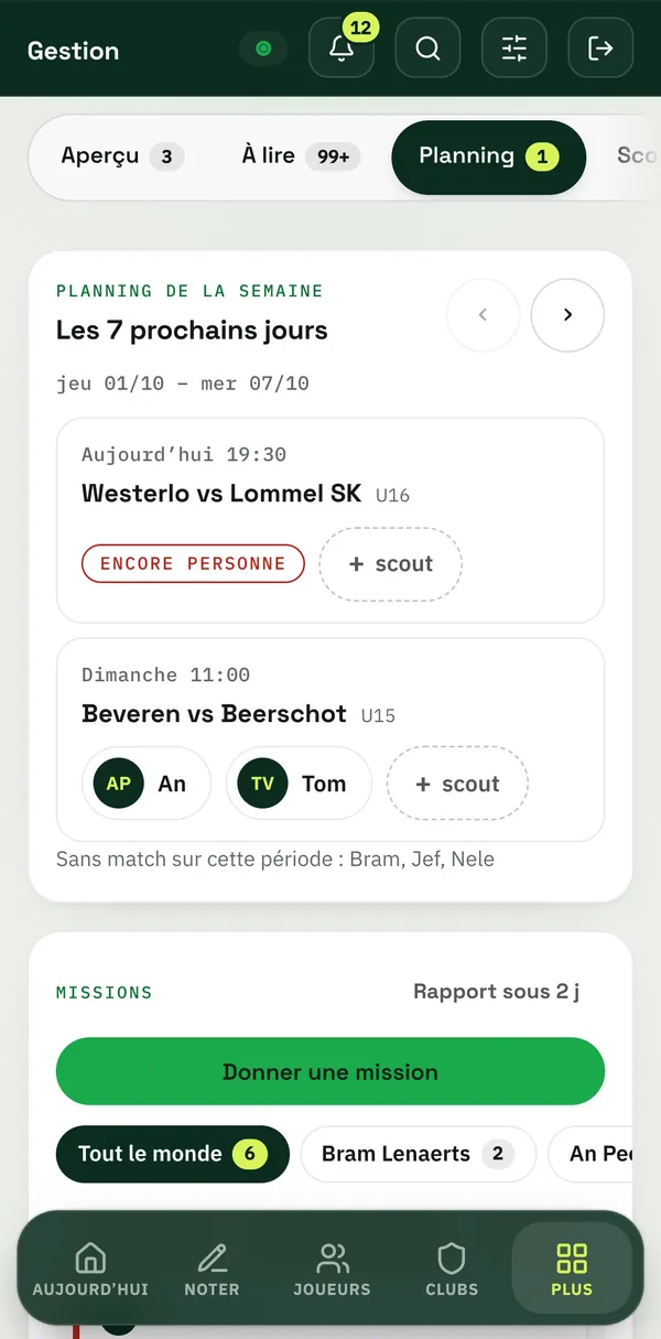 Le planning de la semaine du responsable : les matchs des sept prochains jours et les scouts qui y vont.