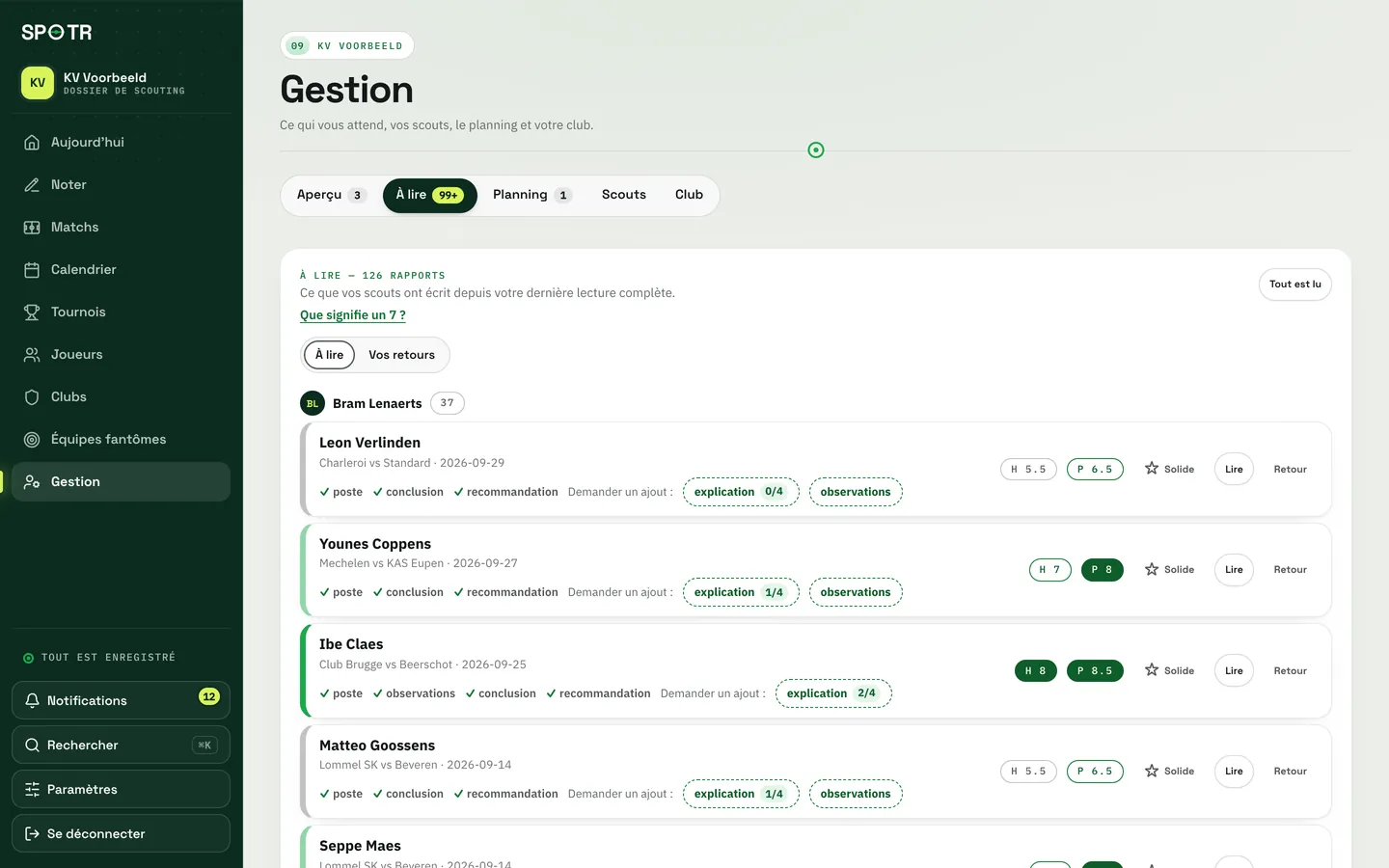 La liste de lecture avec les nouveaux rapports par scout, avec Lire, Solide et Retour.