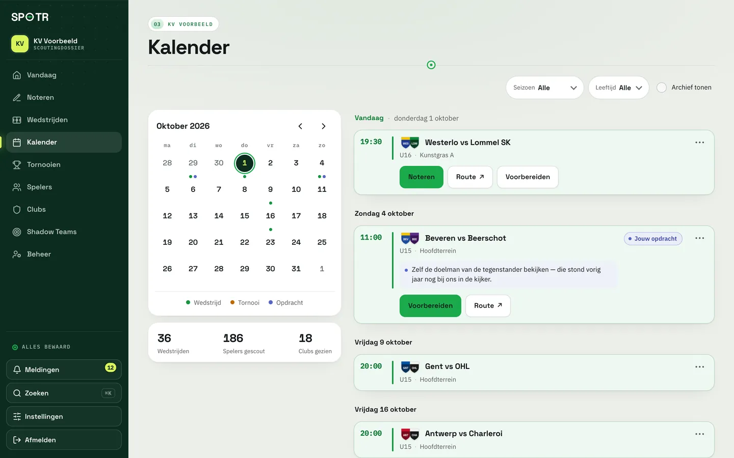 De kalender met de wedstrijden van oktober.