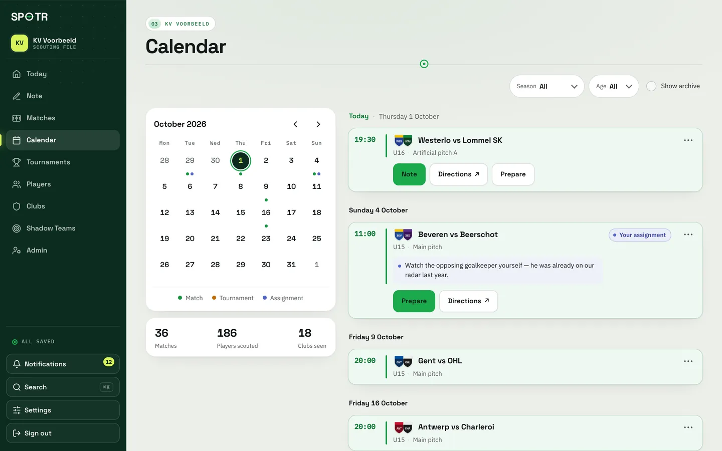 The calendar with the matches in October.