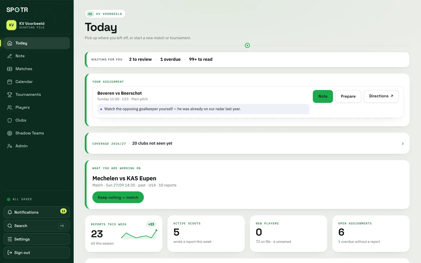 SPOTR on a laptop, showing the head scout’s overview.